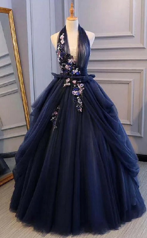 Peplum Hem DressBall Gown Blue Tulle Lace Long Prom Dresses Deep V Neck Backless Evening Dresses  gh2224