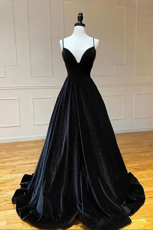 Neon DressA Line V Neck Backless Black Velvet Long Prom Dresses, V Neck Black Formal Dresses, Black Velvet Evening Dresses  gh2235