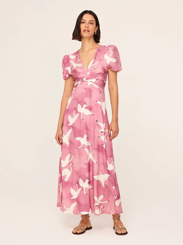 Shift DressBernice Pink Swans Print Midi Dress