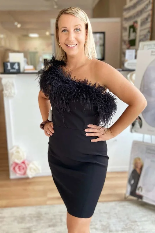 women's pear-shaped body dressesFeathers Black One-Shoulder Bodycon Short Cocktail Dress  gh1226