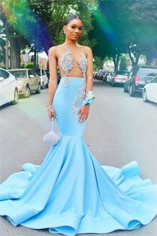 Peplum DressMermaid Sheer Tulle Sexy Prom Dresses for Juniors | Crystals Sky Blue Evening Gowns gh2426