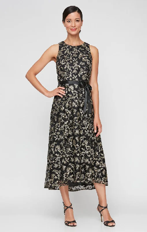 A-Line DressMidi Embroidered Sleeveless Dress with High/Low Hem & Tie Belt