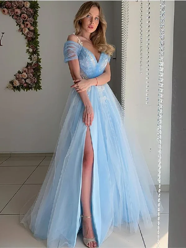 women's prom dressesElegant Off Shoulder Light Blue Tulle Long Prom Dresses, Off the Shoulder Light Blue Formal Evening Dresses  gh2212