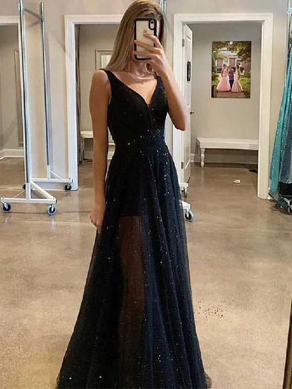 women's luxury dressesCustom Made A Line V Neck Sparkly Sequins Black Long Prom Dresses,Black V Neck Sequins Long Evening Dresses  gh2292