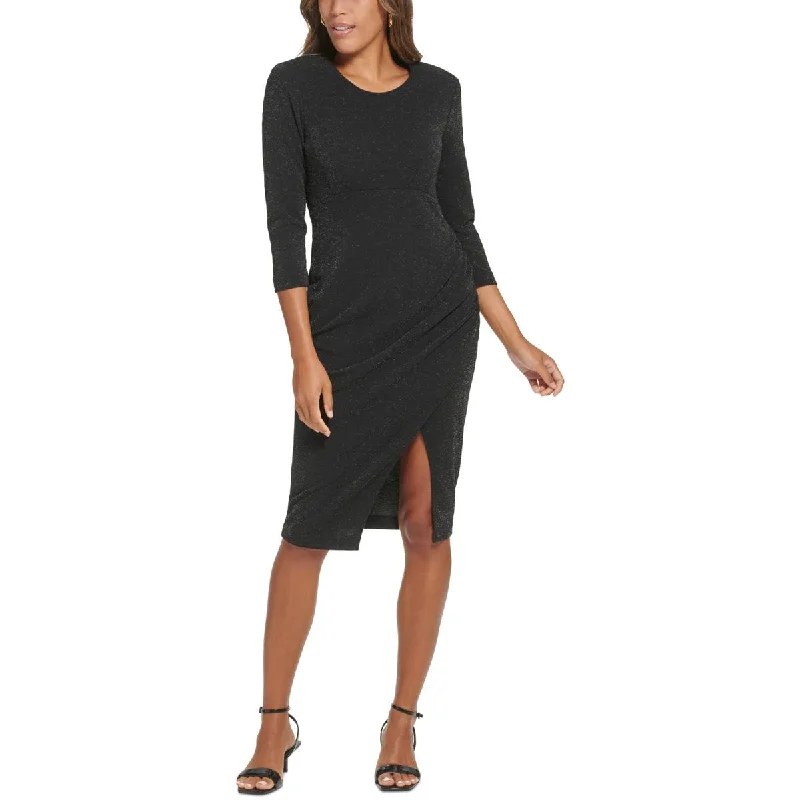 Plus-Size DressCalvin Klein Womens Faux-Wrap 3/4 Sleeve Midi Dress