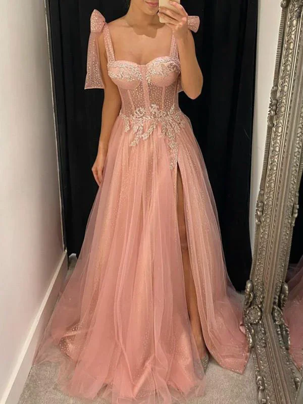 Glamour DressAline Pink Modest Sleeveless Long Prom Dresses, Evening Dress With Split gh2641