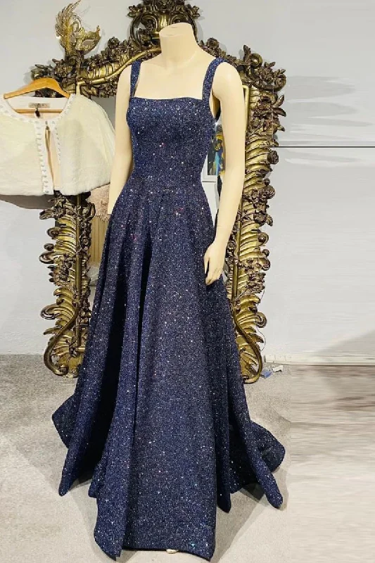 women's cold-shoulder dressesDark blue sequin long prom dress , blue evening dress gh2344