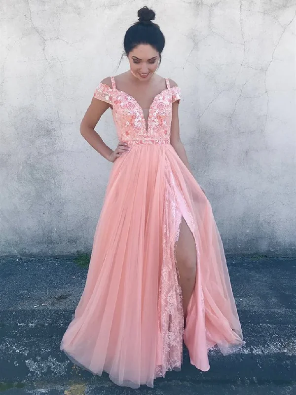 women's chiffon dressesDeep V Neck Off Shoulder Pink Lace Floral Prom Dresses, Off the Shoulder Pink Formal Dresses, Pink Lace Evening Dresses gh2606