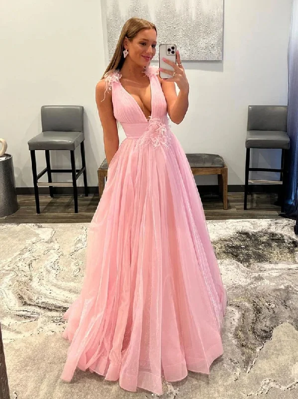 women's ethical fashion dressesPink v neck tulle long prom dress, pink tulle evening dress gh2498