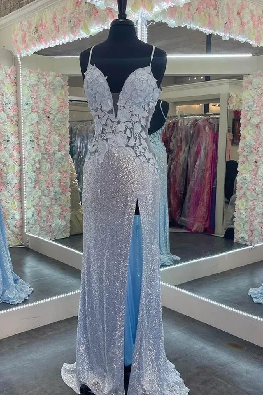 Halter DressStraps Light Blue Elegant Sheath Evening Dresses Sequins Appliques Long Prom Dresses gh2655