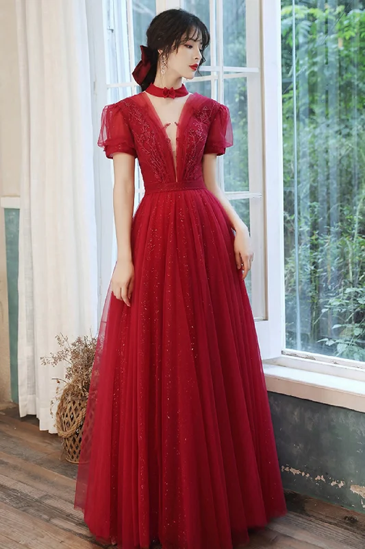 Crepe DressBurgundy tulle long A line prom dress evening dress  8757