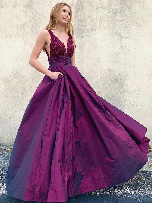 Minimalist DressV Neck Backless Purple Lace Prom Dresses, V Neck Open Back Purple Lace Formal Evening Dresses gh2219