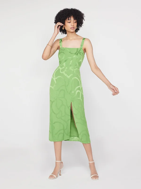 women's ruffle dressesMara Green Chain Jacquard Midi Dress