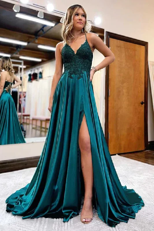 Cut-Out DressA Line V Neck Green Beaded Lace Long Prom Dress with High Slit, Open Back Green Formal Graduation Evening Dress gh2652