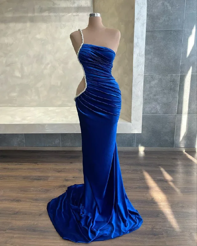 Scoop-Neck DressCharming mermaid halter royal blue velvet elegant sexy long slit ball gown evening dress gh2657