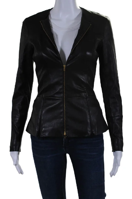 women's coats for those who love to mix and matchThe Row Womens Long Sleeve Front Zip Crew Neck Leather Jacket Black