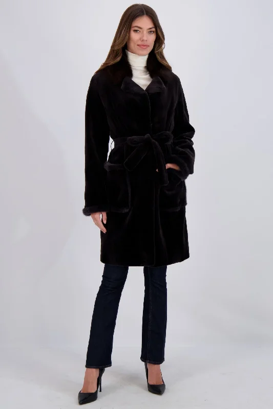 women's stylish coatsSHEARED MINK SHORT COAT WITH SABLE COLLAR, BELT