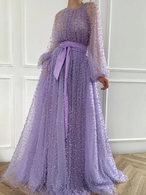 women's lightweight dressesPurple round neck tulle beaded long ball gown, purple evening dress gh2150