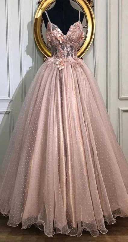 Ball Gown DressA-line V-Neck Tulle Long Prom Dresses, Pearl Pink Appliques Formal Evening Dress gh2126