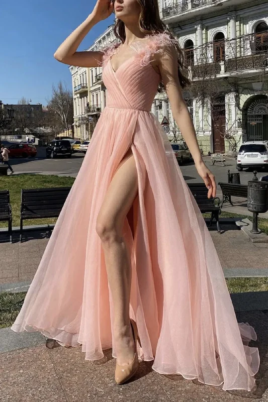 women's floral dressesElegant V Neck Pink Tulle Long Prom Dresses with High Slit, Pink Tulle Formal Graduation Evening Dresses gh2602