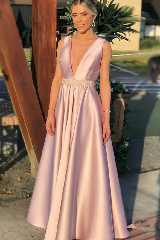 Prom DressFashion A Line Deep V Neck Pink Beaded Open Back Prom Dresses Evening Formal Dress gh2269