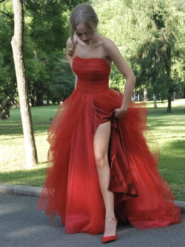 women's flowy dressesStrapless Red Tulle Long Prom Dresses, Red Tulle Long Formal Evening Dresses gh2548