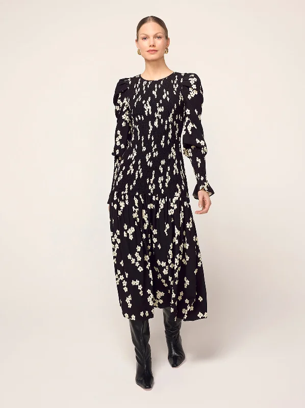 A-Line DressWren Black Blurred Floral Shirred Midi Dress