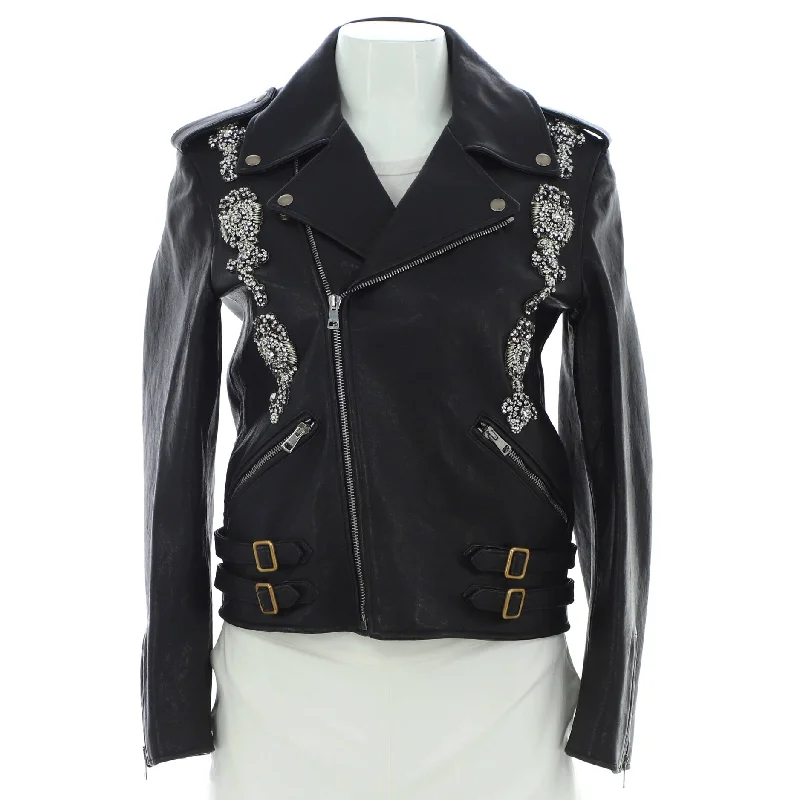 women's coats for rainy weatherWomen's Biker Jacket Leather with Crystal Embellished Details