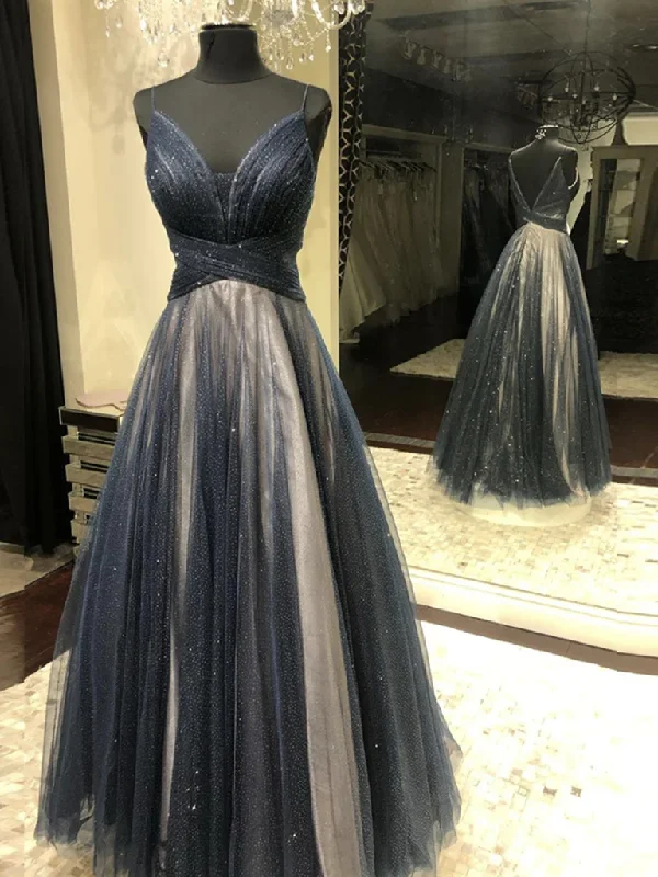 Wrap DressDark Navy Blue Tulle Long Prom Dresses, Backless Dark Blue Long Formal Evening Dresses  gh2265