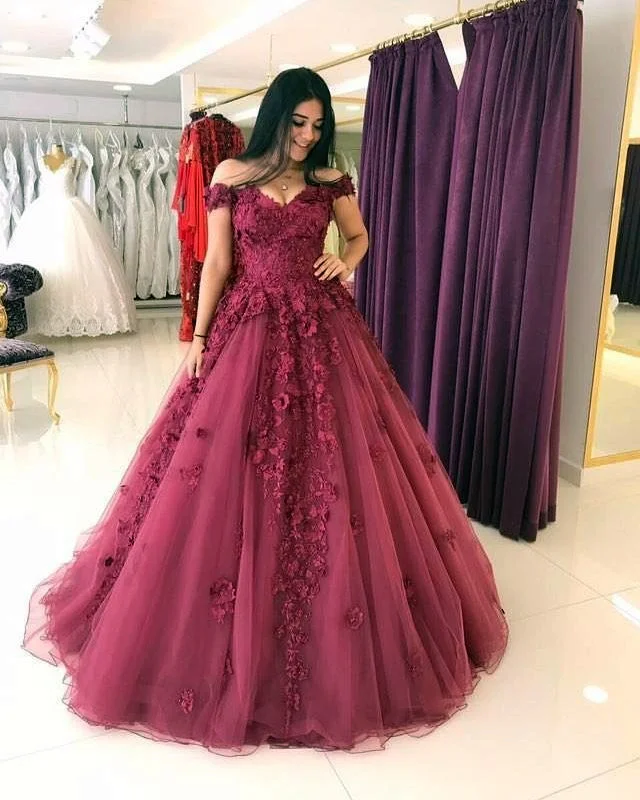 Wedding DressLace Appliques Prom Dresses Ball Gowns,Tulle Quinceanera Dress,Off Shoulder Evening Gowns gh2435