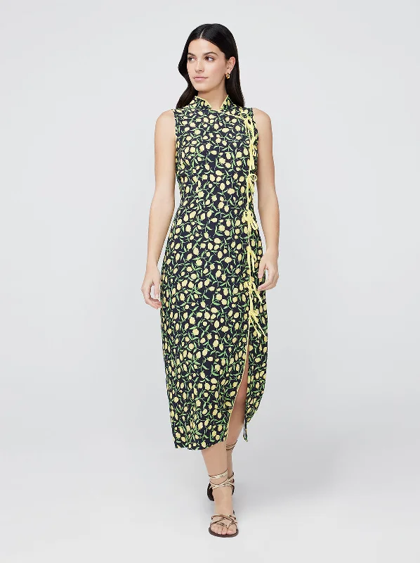 women's long-sleeved dressesVirginia Yellow Tulip Print Midi Dress