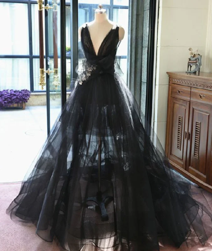 women's club dressesCharming Prom Dress,Black Deep V Neck Tulle Evening Dress,Ball Gown Evening Dresses,Backless Formal Evening Gowns gh2303