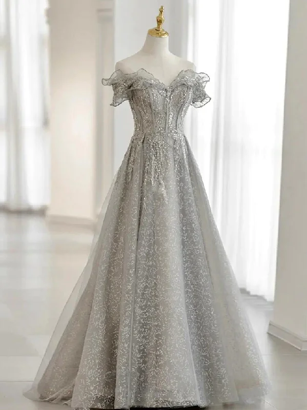 women's cold-shoulder dressesGray Tulle Sequin Lace Off Shoulder Long Prom Dress, Gray Evening Dress gh2576