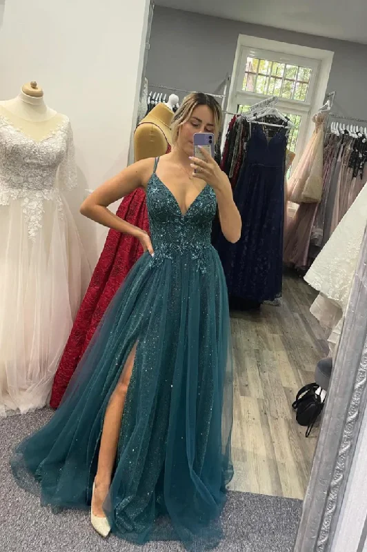 Plus-Size DressV-Neck Tulle Beading Long Prom Dresses, A-Line Evening Dresses gh2649