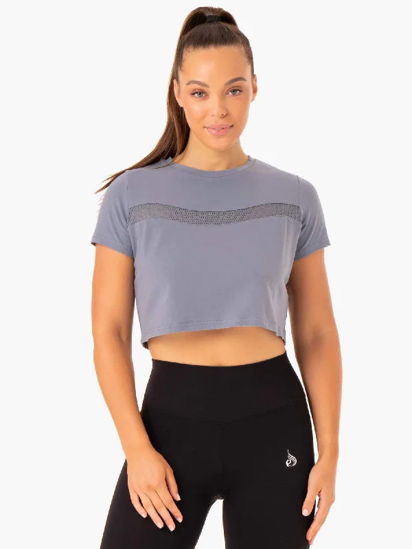 women's tops with unique designsHybrid Mesh Tee - Steel Blue