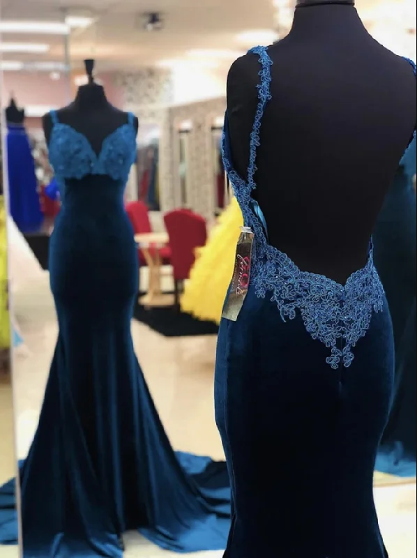 Ruffle DressSexy Mermaid Spaghetti Straps Navy Blue Long Prom/Evening Dress Appliques gh2658