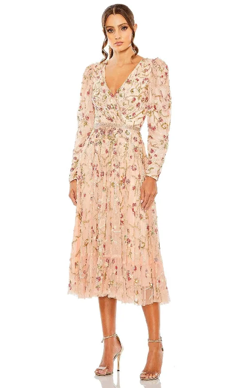 women's limited-edition dressesMac Duggal 5580 - Puff Sleeve Floral Beaded Midi Dress