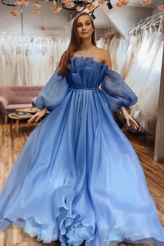 women's cotton dressesStrapless Blue Tulle Long Prom Dresses with Belt, Long Blue Formal Dresses, Blue Evening Dresses  gh2360