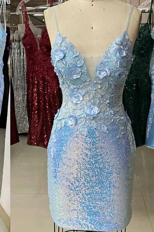 Statement DressLight Blue Sequin Appliques Bodycon Homecoming Dress gh1425