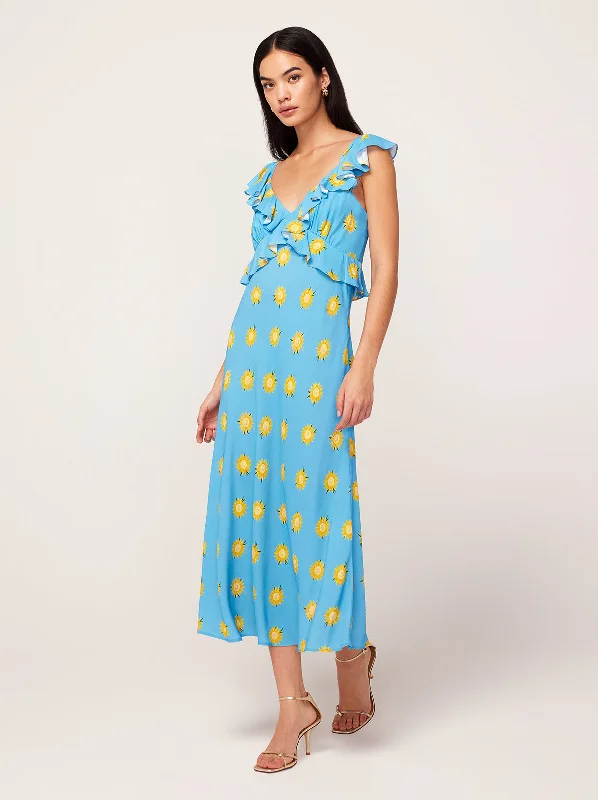 Vintage DressRosemary Blue Sunflower Print Midi Dress