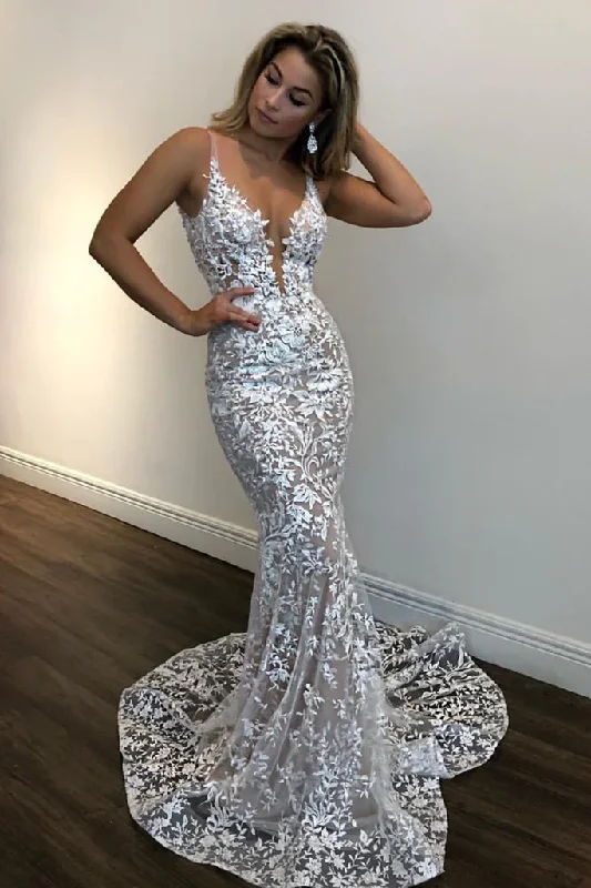 Striped DressDeep V Neck Mermaid Champagne Lace Prom Dress, Mermaid Champagne Formal Dress, Champagne Lace Evening Dress gh2244