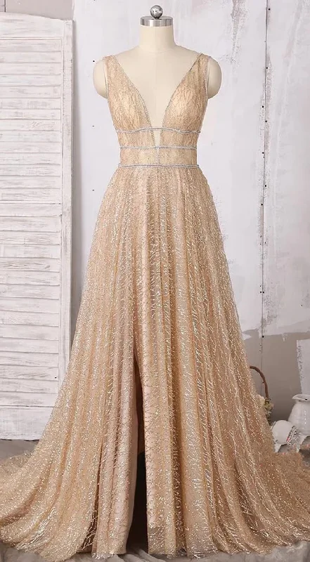 women's handmade dressesA-line Deep V-neck Sleeveless Sequins Floor-length Prom Dresses, Long Evening Dresses   gh2291