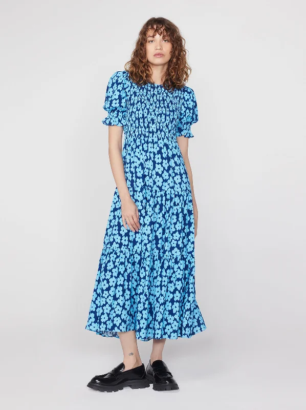 women's glam dressesPersephone Blue Blurred Floral Midi Dress