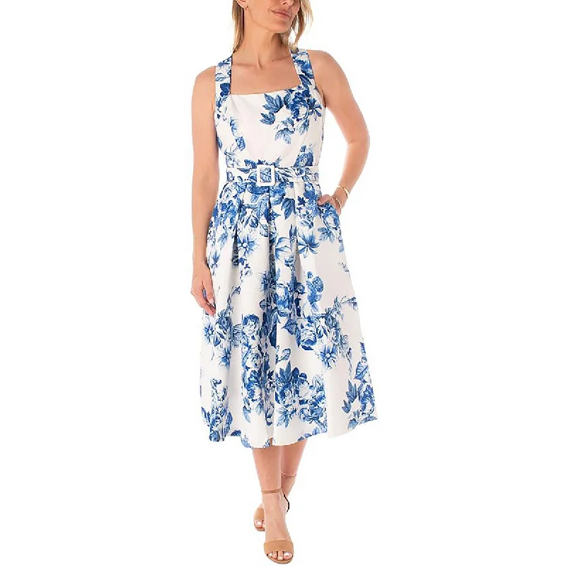 women's bell-sleeved dressesMaison Tara Womens Floral Print Belted Midi Dress