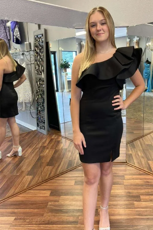 women's flutter-sleeved dressesBlack One-Shoulder Ruffles Bodycon Short Dress gh1266