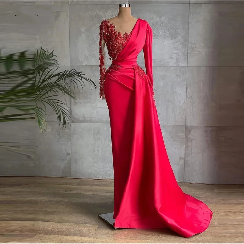 women's silk dressesGlamorous Red Satin Dubai Evening Dresses Long Sleeves Sheer Neck Beads 2024 Prom Gowns Celebrity Formal Dress  gh2202