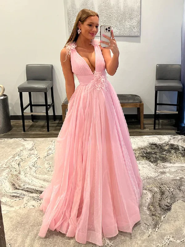 women's pear-shaped body dressesV Neck and V Back Pink Tulle Long Prom Dresses, V Neck Pink Formal Graduation Evening Dresses  gh2518