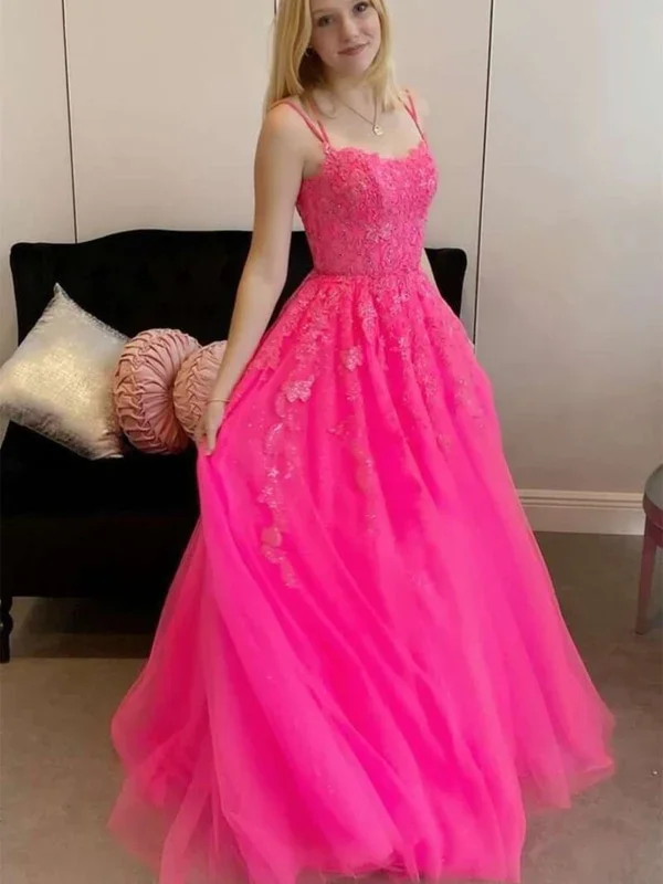 women's silk dressesOpen Back Hot Pink Tulle Lace Long Prom Dresses, Hot Pink Lace Formal Graduation Evening Dresses gh2605