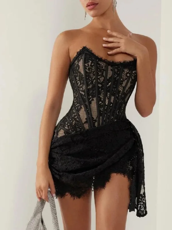 Minimalist DressStrapless Lace Corset Mini Dress - Sleeveless Bodycon Christmas Party Dress