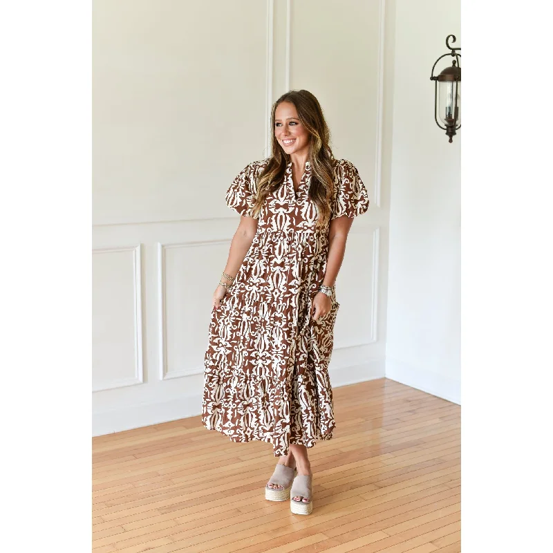 women's tall dressesLillian Brown and White Tiered Print Maxi Dress